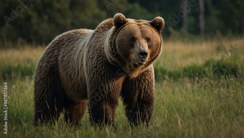 Brown bear standing tall in a grassy field, showing off its size and dominant presence.