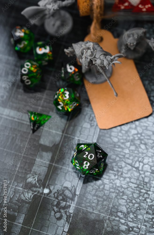 Obraz premium Dice 20 on table create fantasy story old school game style with role playing and board games hobby