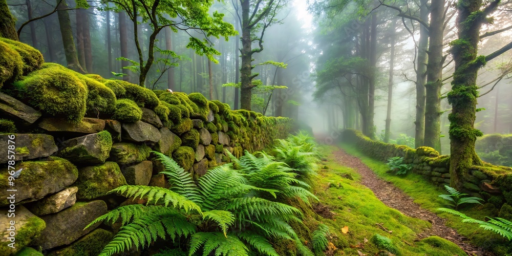 Rustic stone wall with moss and ferns growing in the cracks, surrounded ...