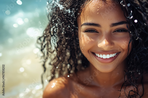 Brunette happy young woman smiling on the beach during summer vacation travel, water splashing, copy space on ocean
