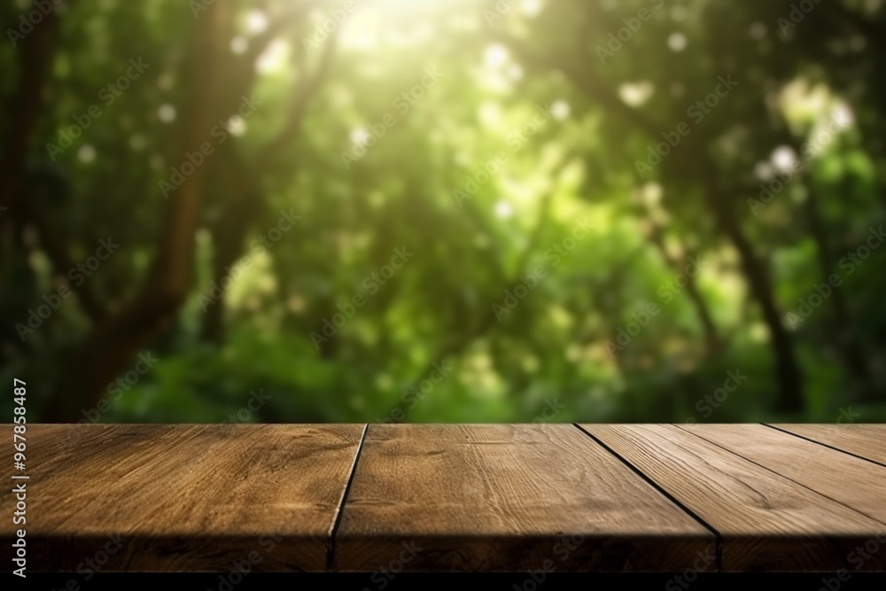 Wooden Tabletop with Blurred Green Forest Background Wooden Tabletop with Blurred Green Forest Background