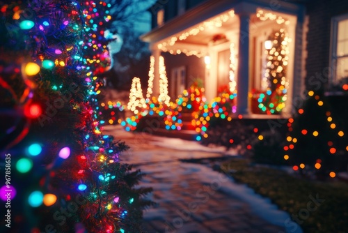 a stunning christmas lights display on a house, with colorful lights and decorations