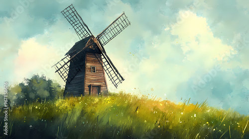 Rustic old windmill on a grassy hill watercolor illustration. Windmill. Illustration
