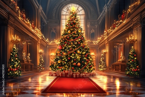 a stunning christmas tree decorated with ornaments and lights in a grand hall illustration