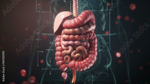 3D Illustration of Human Digestive System with Red Blood Cells photo