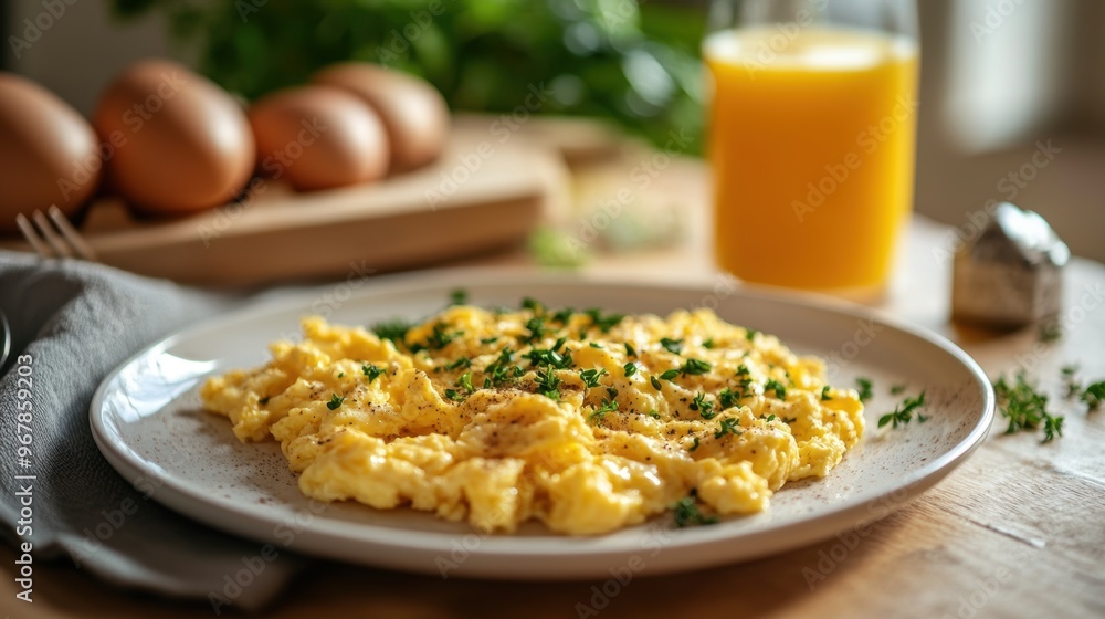 morning breakfast aesthetics, breakfast scene with scrambled eggs and herbs on a white plate, paired with fresh orange juice, creating a cozy and inviting ambiance morning breakfast aesthetics, breakfast scene with scrambled eggs and herbs on a white plate, paired with fresh orange juice, creating a cozy and inviting ambiance