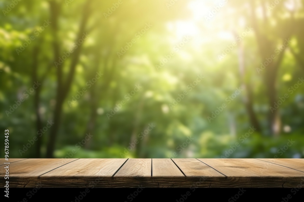 Wooden Tabletop with Green Forest Blurred Background Wooden Tabletop with Green Forest Blurred Background