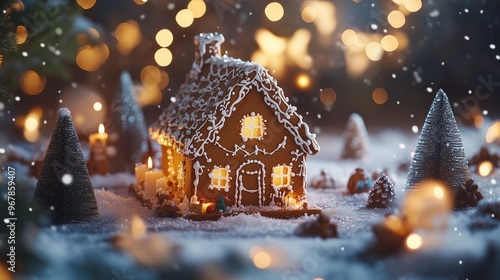 A beautifully decorated gingerbread house covered in snow and cream icing, glowing warmly in a festive Christmas scene surrounded by candles and winter trees.
 photo