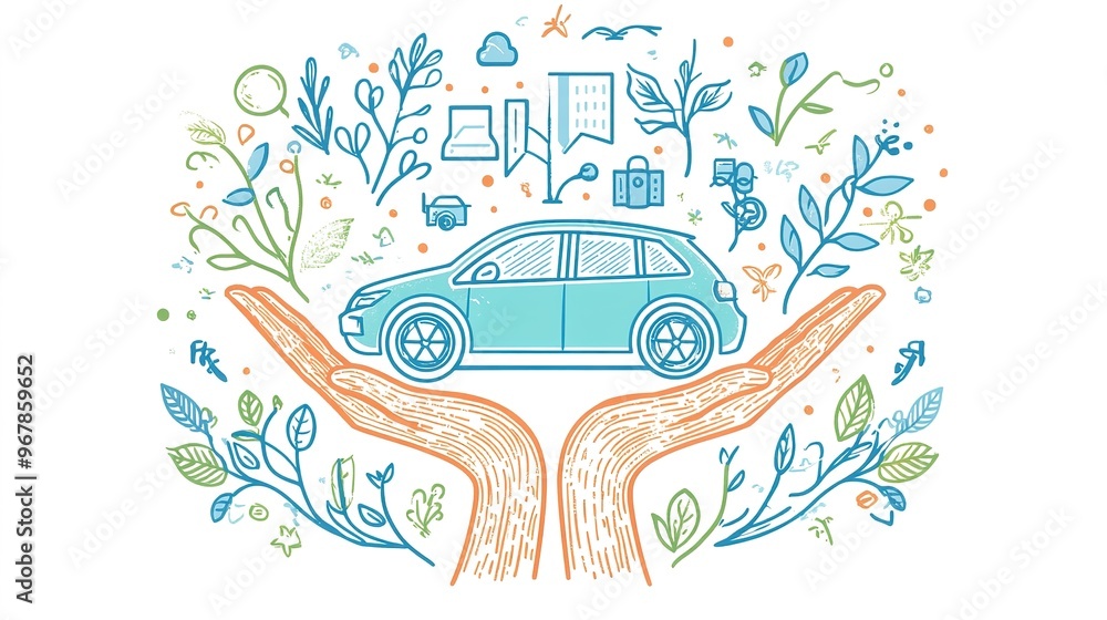 Sustainable transportation and electric vehicles usage outline hands concept. EV as environmental and nature friendly alternative with zero CO2 emissions vector illustration. Ecological hybrid auto. Sustainable transportation and electric vehicles usage outline hands concept. EV as environmental and nature friendly alternative with zero CO2 emissions vector illustration. Ecological hybrid auto.