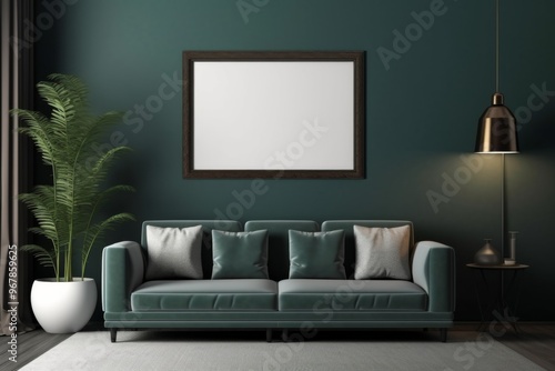 Modern Living Room Interior Design with Green Sofa and Empty Frame