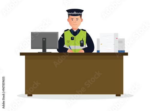 Simple flat British male police man officer vector character doing paperwork at desk with stack of papers and computer screen.