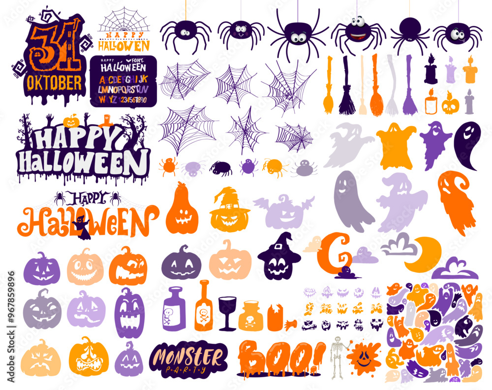 Big set of Happy Halloween Illustration. Collection of with Text Frames, Borders, and Other Decorations on White Background. Vector Halloween holidays color, Halloween pattern, card. Big set of Happy Halloween Illustration. Collection of with Text Frames, Borders, and Other Decorations on White Background. Vector Halloween holidays color, Halloween pattern, card.
