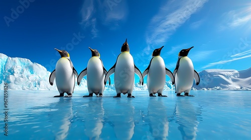 A group of emperor penguins stands on the ice in Antarctica, braving the cold together. photo