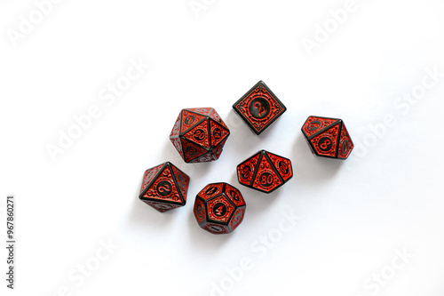 Set of red dice for rpg, dnd or board games on a light background. polyhedral dice (d4, d6, d8, d10, d12 and d20) for fantasy games photo