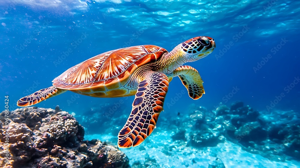 Fototapeta premium A sea turtle swims in the blue ocean with a coral reef in the background.