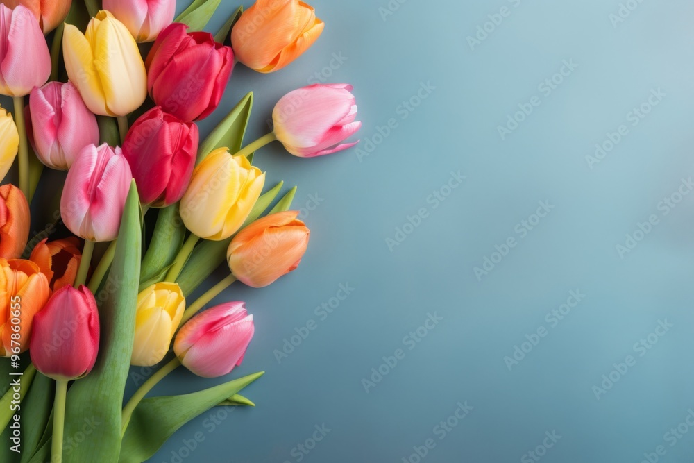 Colorful Tulips Bouquet on Blue Background Colorful Tulips Bouquet on Blue Background