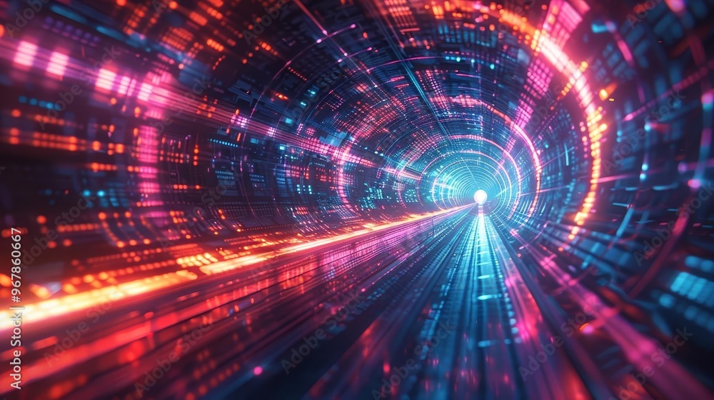 Abstract tunnel background, transformation and algorithm, blending reality and network systems, futuristic design Abstract tunnel background, transformation and algorithm, blending reality and network systems, futuristic design