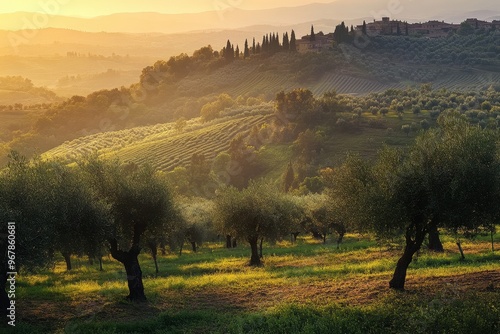 Golden Sunset Over a Serene Tuscan Olive Grove with Rolling Hills and Rural Scenery