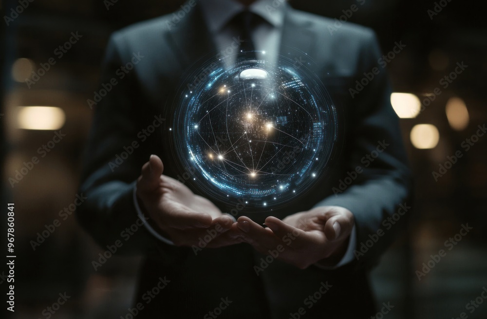 Fototapeta premium Man Holding Holographic Globe of Digital Connections