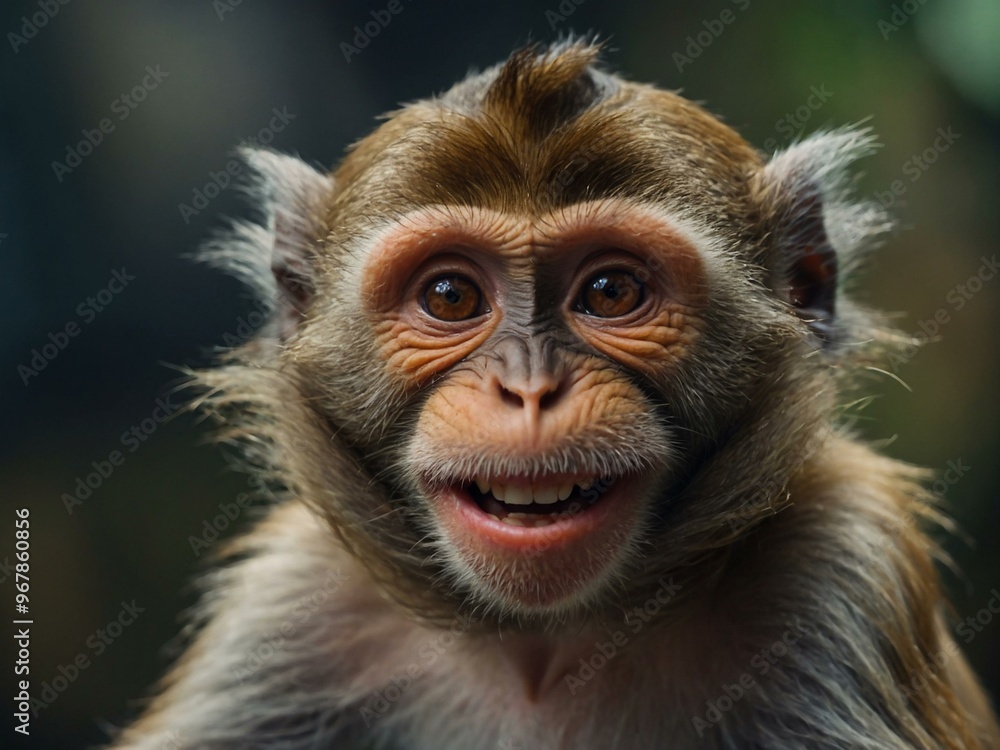 Close-up of a comical monkey with a wide grin, space for text. Close-up of a comical monkey with a wide grin, space for text.