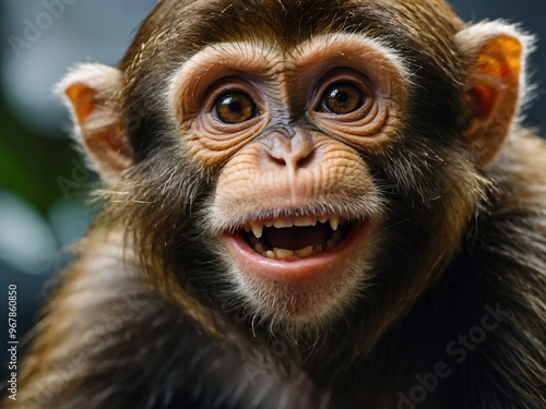 Close-up of a comical monkey with a wide grin, space for text.