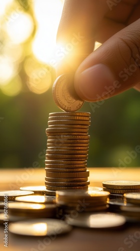 A hand stacking coins in sunlight, symbolizing wealth, saving, and financial growth in a serene background. photo