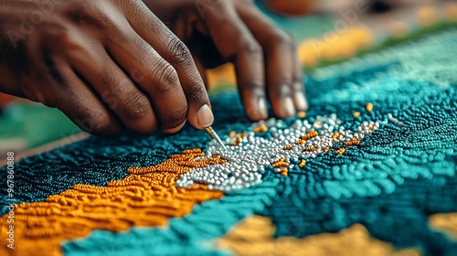 Hands carefully bead colorful fabric, adding intricate detail to the design.