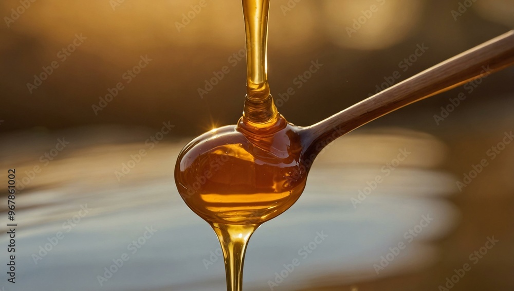 Close-up of a honey dipper with honey dripping in a warm, golden setting. Close-up of a honey dipper with honey dripping in a warm, golden setting.