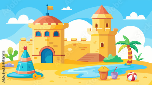 Cartoon sandcastle with tower, gate and window for summer beach vacation and children play concept. Vector illustration set of palace sculpture made of yellow shore sand. Summertime activity elements.