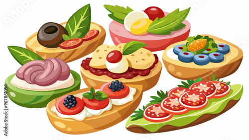 Finger food snacks set isolated on white background. Vector cartoon illustration of bruschetta appetizers served for restaurant banquet, bread with ham, cheese, olive, tomato, fresh lettuce, caviar
