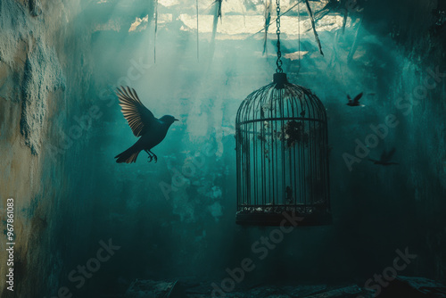 A bird flying away from an empty birdcage symbolizes freedom and hope in dimly lit, abandoned space. atmosphere is filled with sense of liberation and tranquility