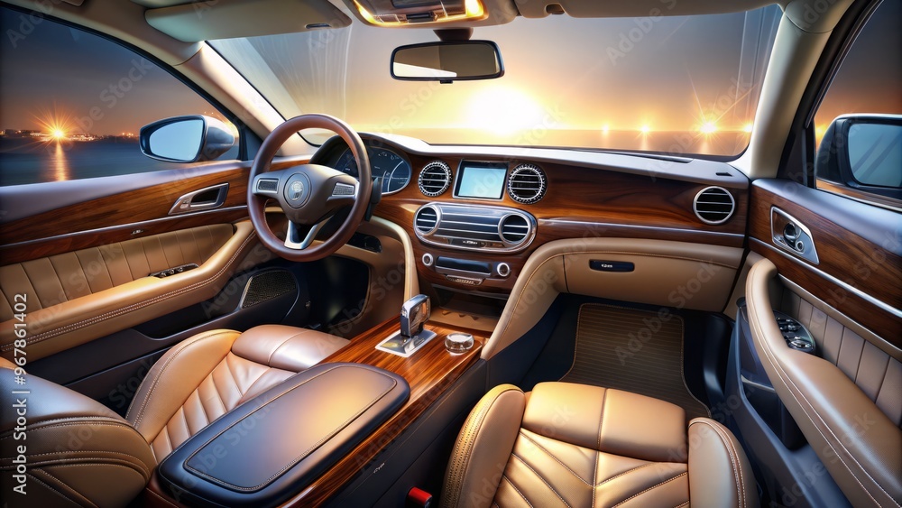 Sleek, modern car interior with dark leather seats, polished wood trim, and touchscreen dashboard, illuminated by soft Sleek, modern car interior with dark leather seats, polished wood trim, and touchscreen dashboard, illuminated by soft