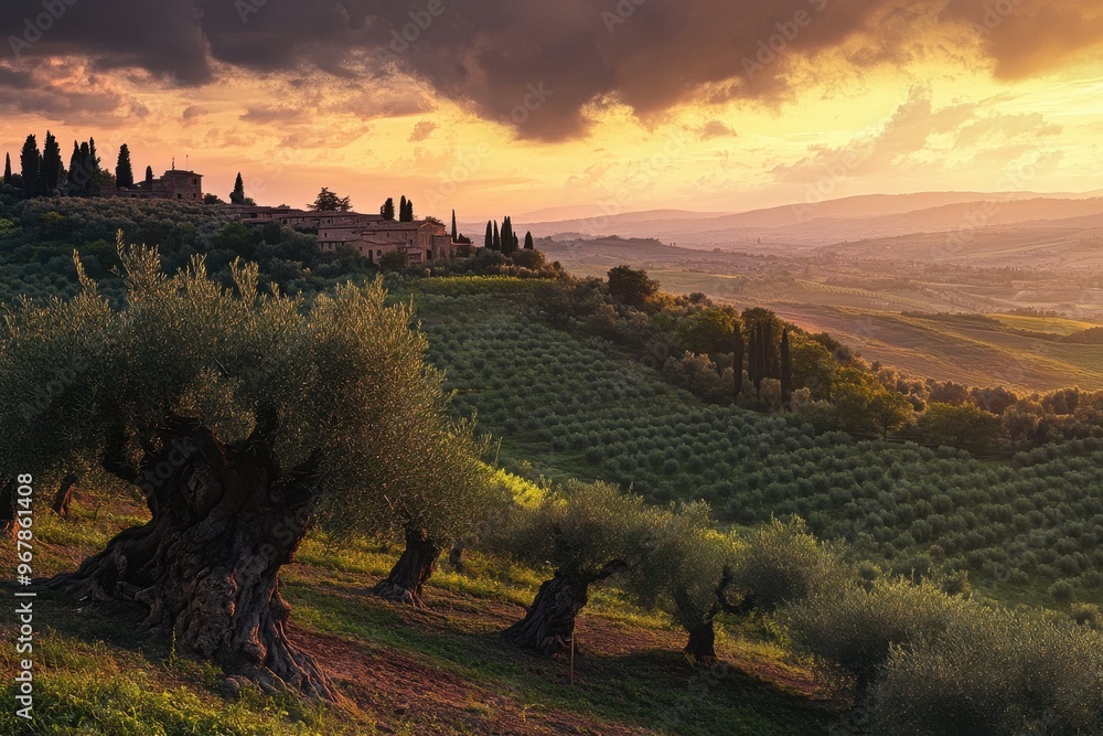 Obraz premium Sunset Over Tuscany: Rolling Hills and Scenic Olive Groves with Very Old, Gnarled Trees Creating a Serene Rural Vista