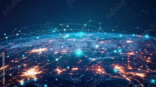 Abstract image of a glowing Earth with interconnected lines, representing global communication and networks.