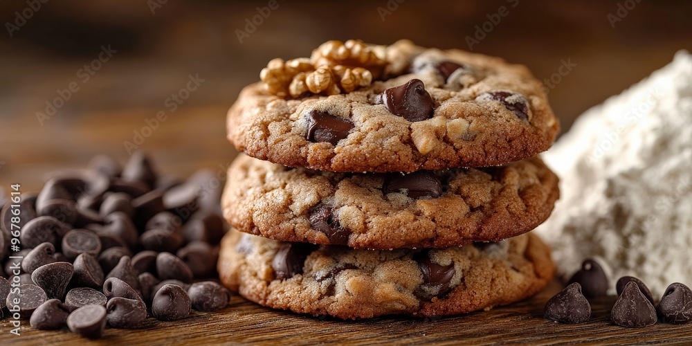 Close-Up of Homemade Chocolate Chip Cookies with Walnuts Close-Up of Homemade Chocolate Chip Cookies with Walnuts