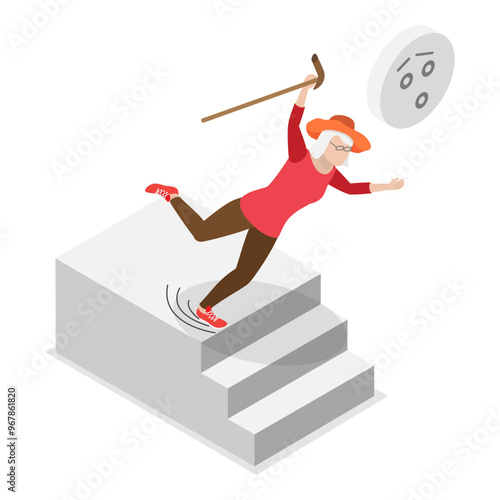 3D Isometric Flat Vector Illustration of Old People Stumble, Seniors Traumatic Accidents. Item 5