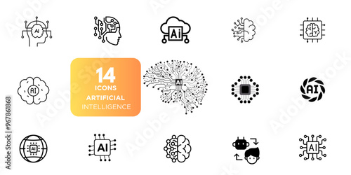 The Generation AI icon is designed to generate text, images, respond to prompts, learn patterns, structure, and input training data. It is a set of artificial intelligence line icons including technol