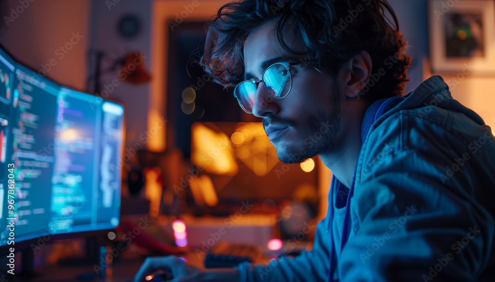 A man wearing glasses works on his computer in a dark room with a glowing screen depicting game developer or computer gammer, copy space, aspect ratio 16:9 A man wearing glasses works on his computer in a dark room with a glowing screen depicting game developer or computer gammer, copy space, aspect ratio 16:9