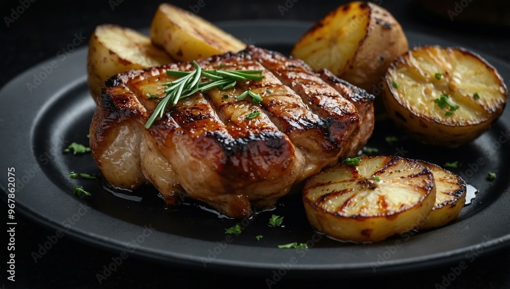 Close-up of grilled pork with roasted potatoes on a black plate Close-up of grilled pork with roasted potatoes on a black plate