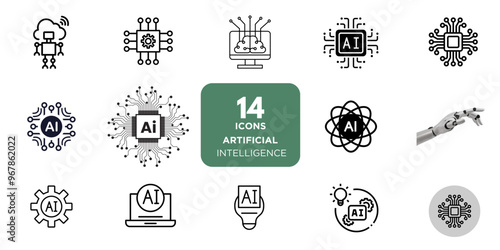 The Generation AI icon is designed to generate text, images, respond to prompts, learn patterns, structure, and input training data. It is a set of artificial intelligence line icons including technol photo