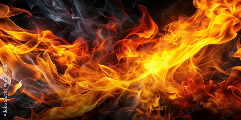 Smokey flames engulf a dark background, illuminating fragmented, abstract shapes in shades of orange, yellow, and red, Smokey flames engulf a dark background, illuminating fragmented, abstract shapes in shades of orange, yellow, and red,