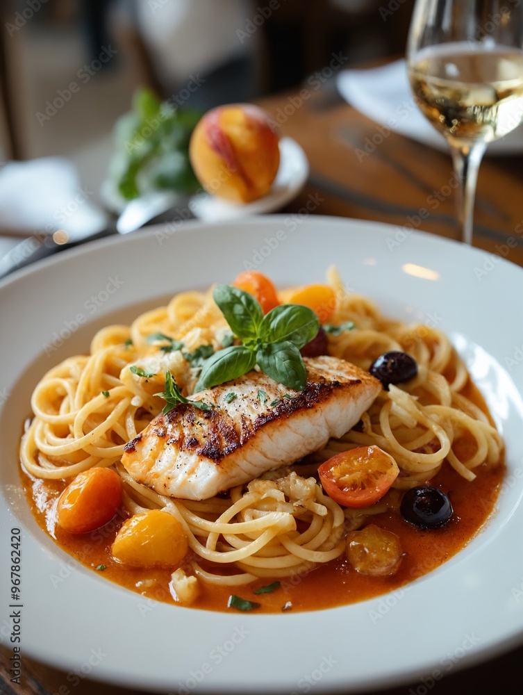 Piatto di spaghetti con pesce su tavolo da ristorante Piatto di spaghetti con pesce su tavolo da ristorante