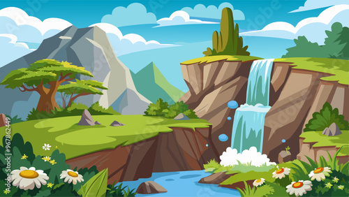 Waterfall on rocky cliff mountain with green grass, bushes and daisy flowers. Cartoon vector illustration set of summer or spring river and lake landscape elements. Water of stream falling from stone.