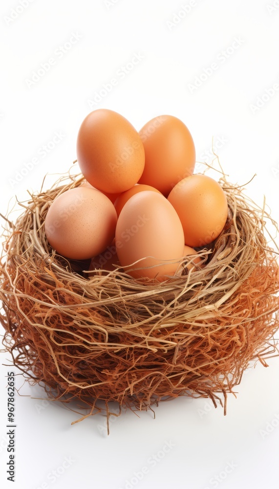 Brown eggs nestled in a rustic straw nest against a white background Brown eggs nestled in a rustic straw nest against a white background