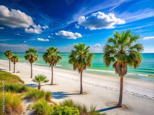 Soft golden sand and tranquil turquoise waters line the sun-kissed shores of St Pete Beach, Florida, where palm photo