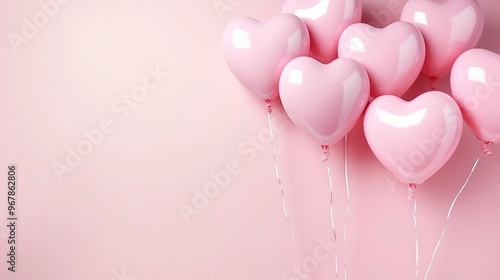 Pink heart shaped balloons on pink background. Valentines day background.