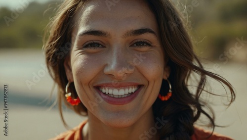 Close-up portrait of a smiling woman with a vibrant, joyful expression.