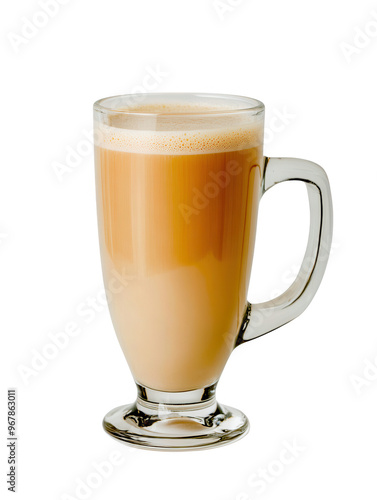 A delicious glass of creamy coffee beverage with frothy top, perfect for a cozy coffee break or an afternoon treat, PNG, transparent, No background.