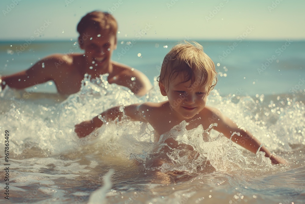 father bathes with child in the sea. Happy family on beach holiday vacation. Father playing tropical beach at summer sunset. Dad with boy kid enjoy and fun outdoor lifestyle activity together the sea father bathes with child in the sea. Happy family on beach holiday vacation. Father playing tropical beach at summer sunset. Dad with boy kid enjoy and fun outdoor lifestyle activity together the sea
