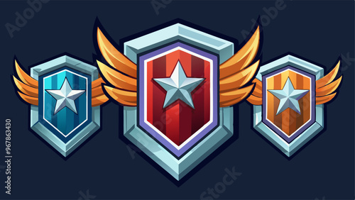 Set of insignia rank badges isolated on background. Vector cartoon illustration of silver hexagon shields decorated with shiny stars and wings, success or progress symbol, military medals collection